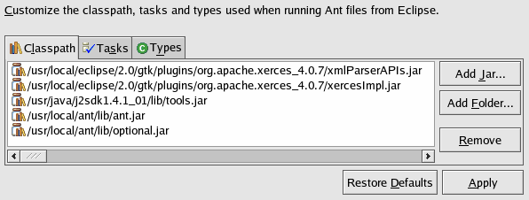 Figure 3. Ant classpath with Ant 1.5 JARs